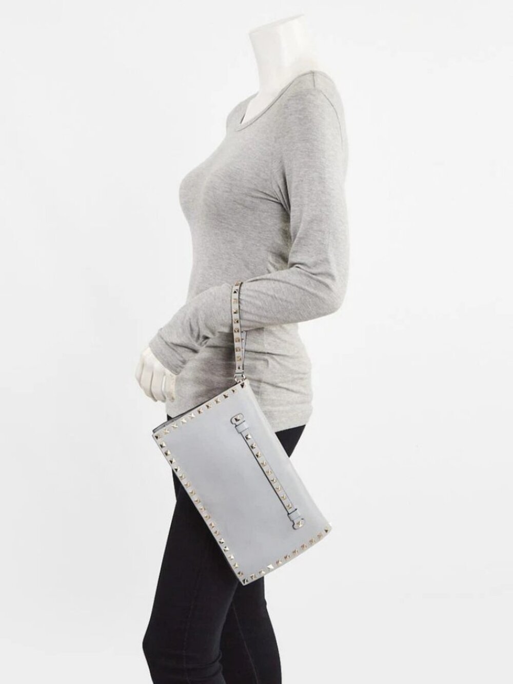 Valentino Grey Lambskin Leather Rockstud Clutch Bag